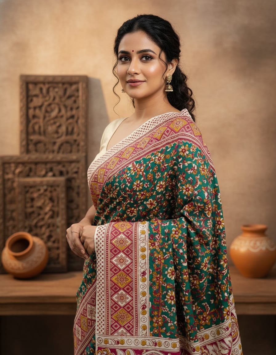 'HaritaPushp'  Green Canvas cotton Kalamkari Saree