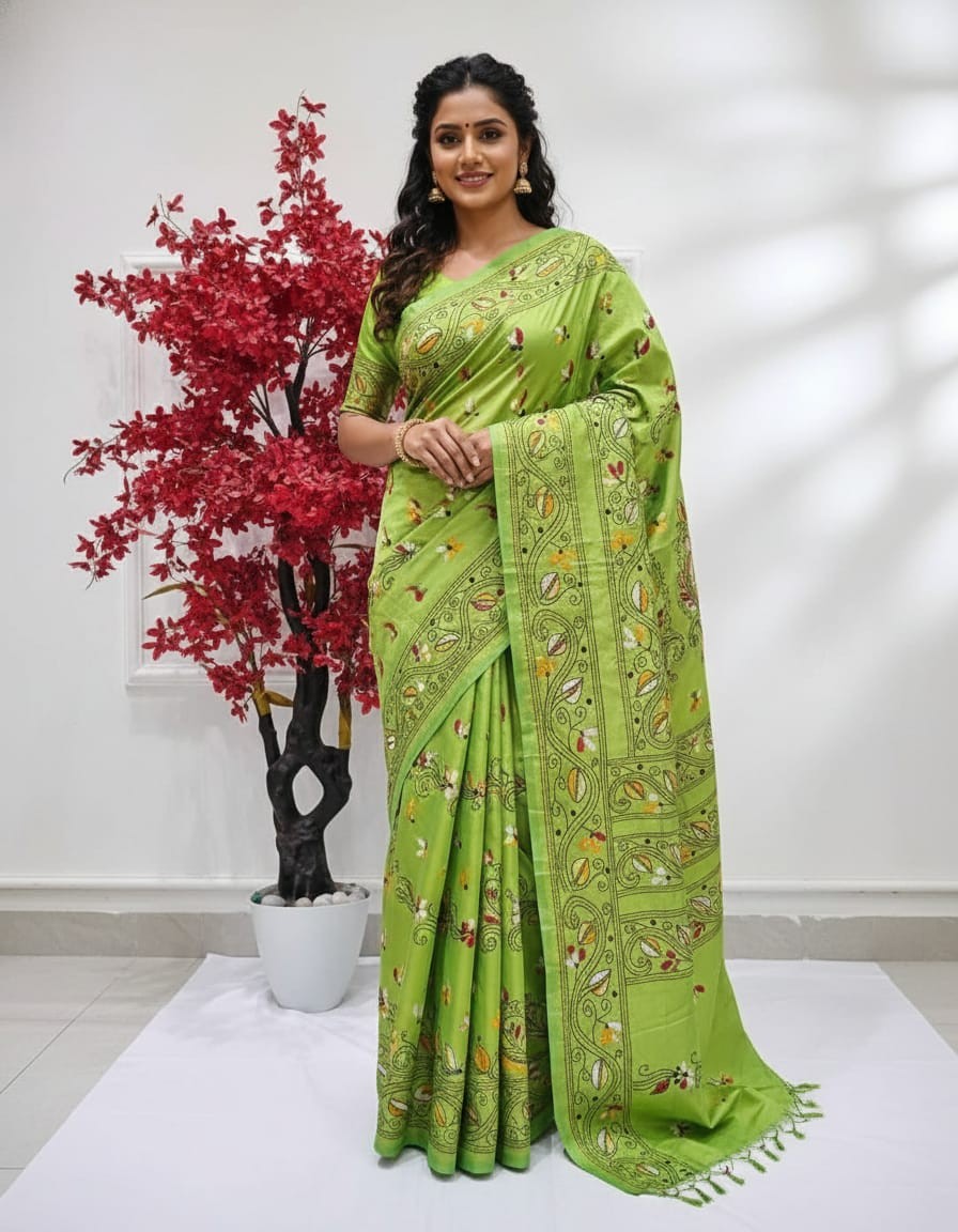Bangalore Silk Blend Kantha Saree - Parrot Green