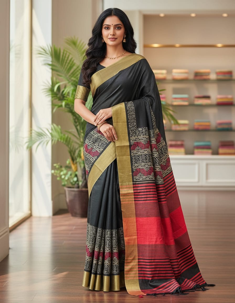 Hand Stitched Assam Silk - Black