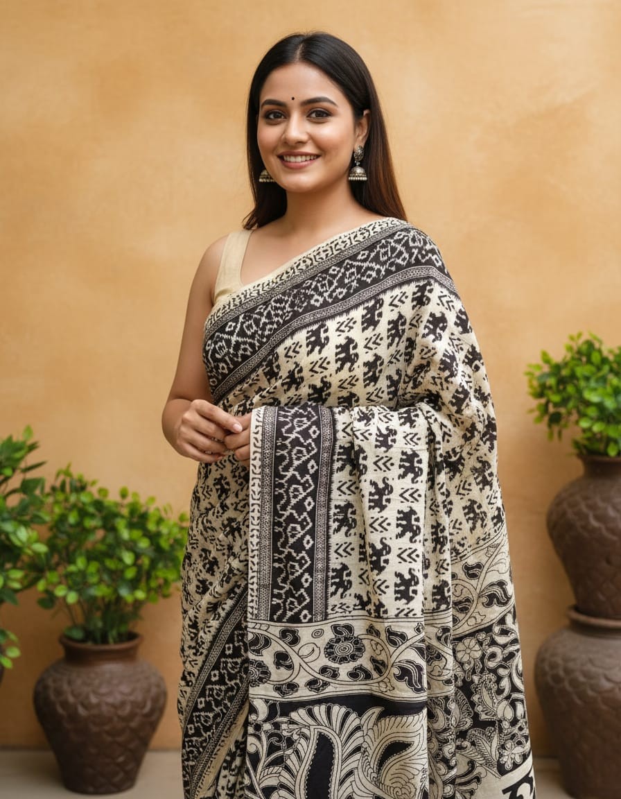 'Gajamudra' Black canvas with Elephant motifs cotton Kalamkari Saree