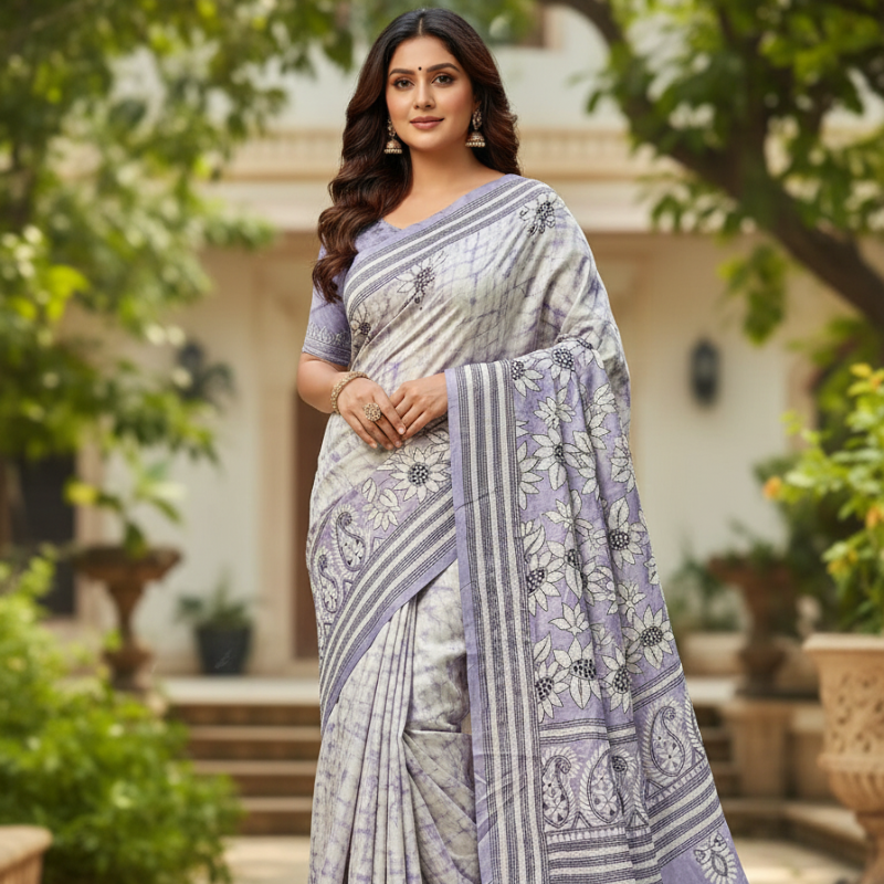 Bangalore Silk Kantha Saree - Light Lavender