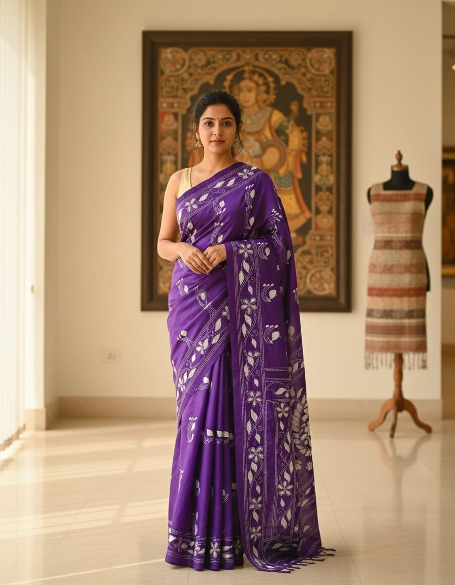 Bangalore Silk Kantha Saree - Russian Violet