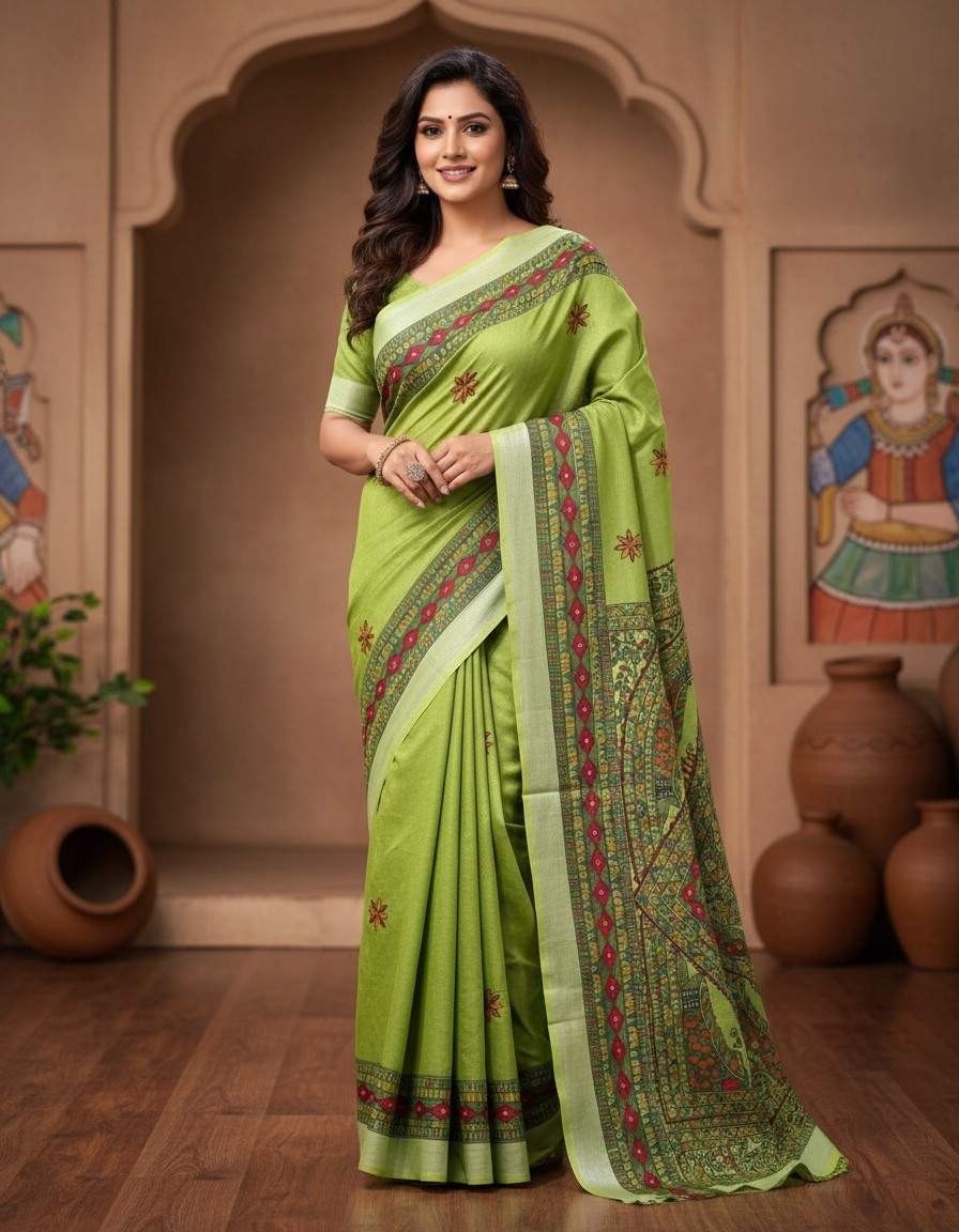 'Ardhya Matsya' Hand painted Madhubani Blend Saree - Green, Pink