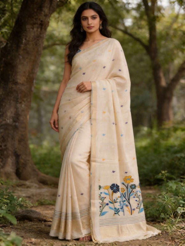 Spring Bloom Muga Jamdani Saree - Pearl Cream with Floral Design