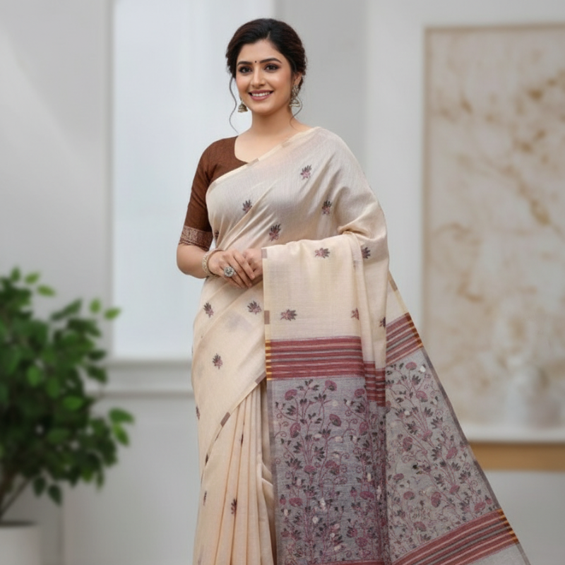 Lotus Art Muga Jamdani Saree Beige