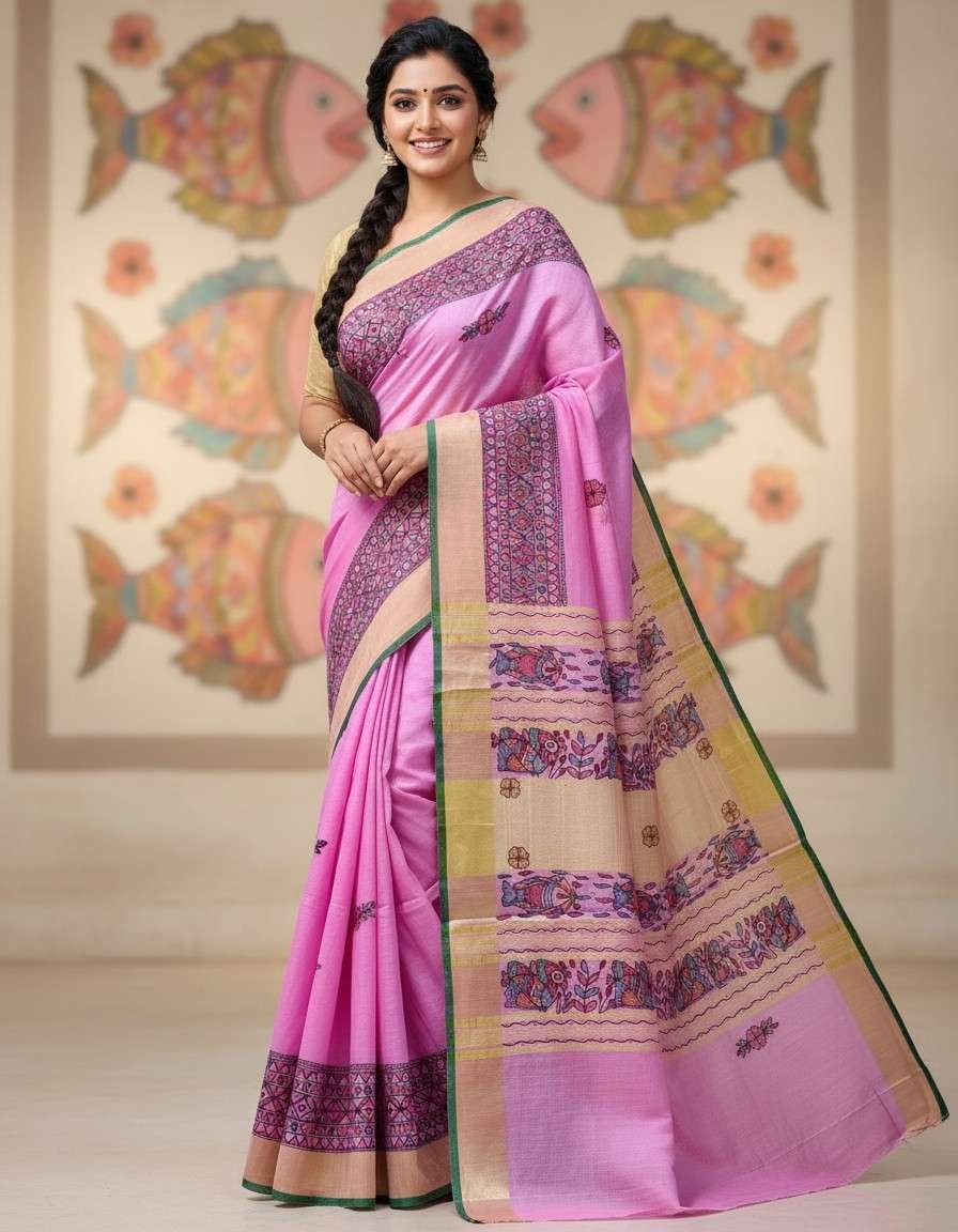Gulabi Chakra Morni Hand painted Madhubani Blend Saree