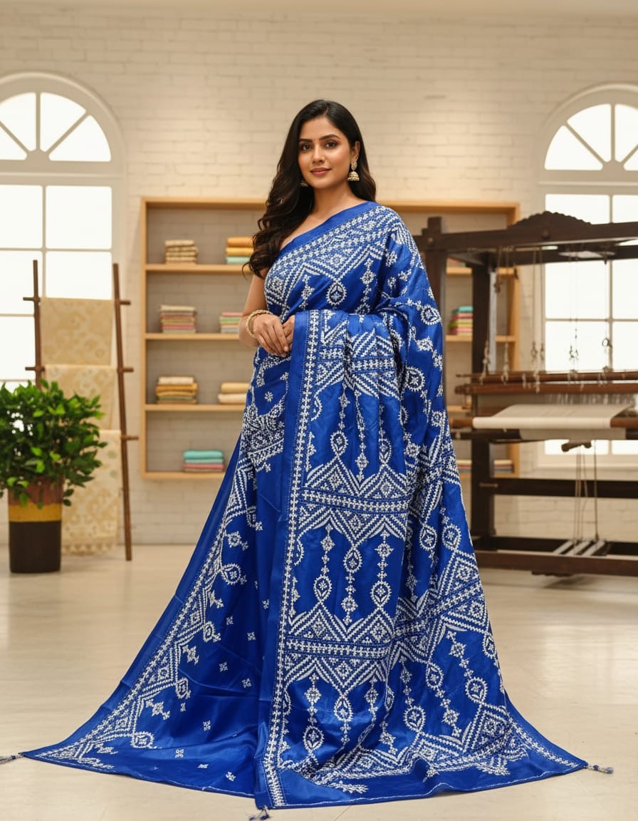 Color Pop on Blue Bangalore Silk Kantha Saree
