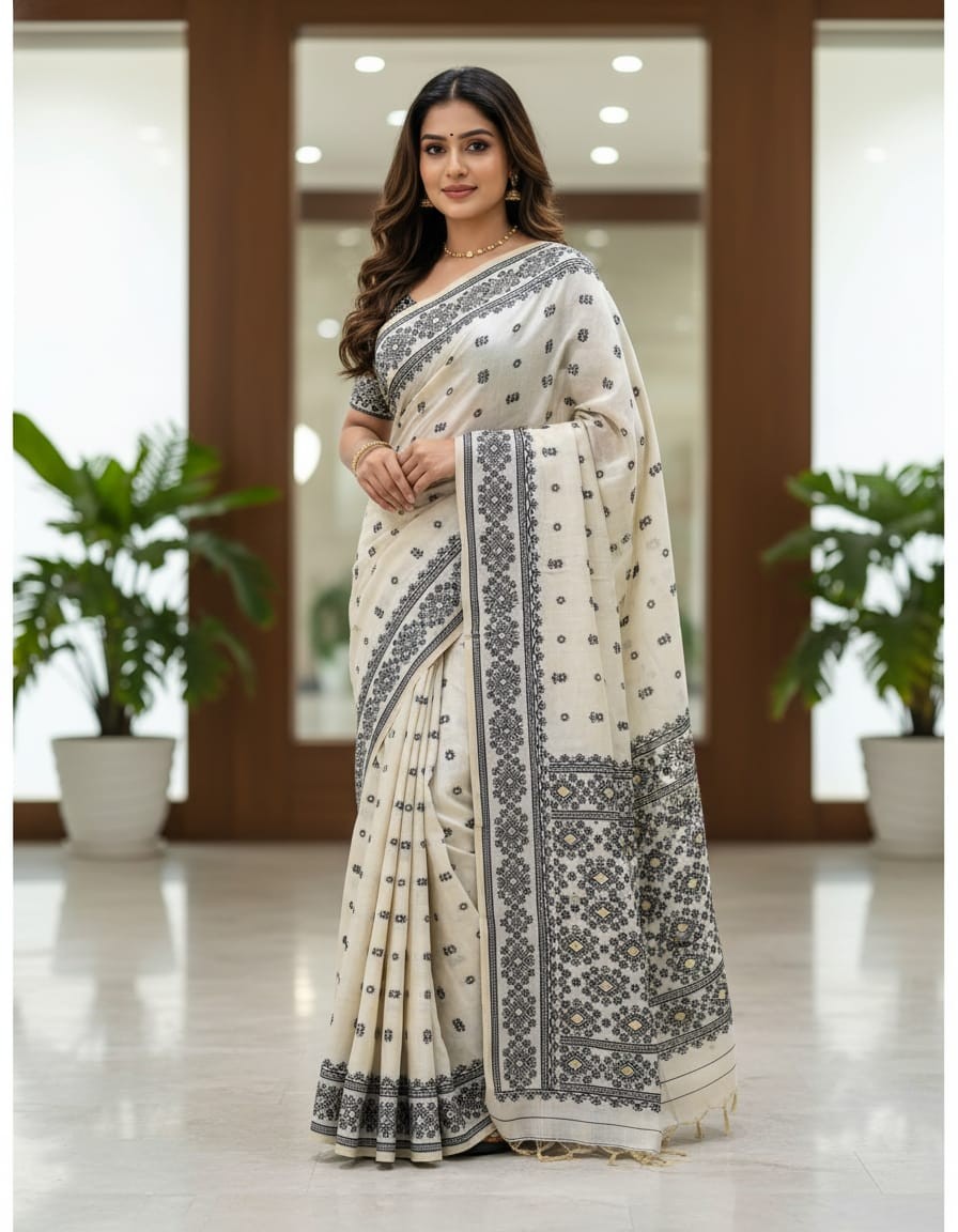 Muga Assam Silk – Off White Hue with Black Floral Butta