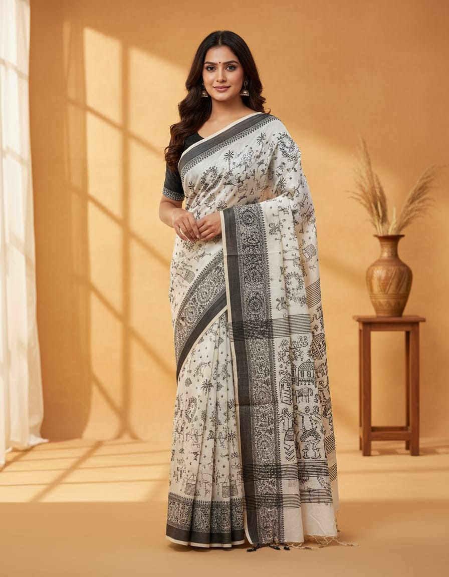 Black Thread Work Tussar Silk Saree - Rural Life Motifs