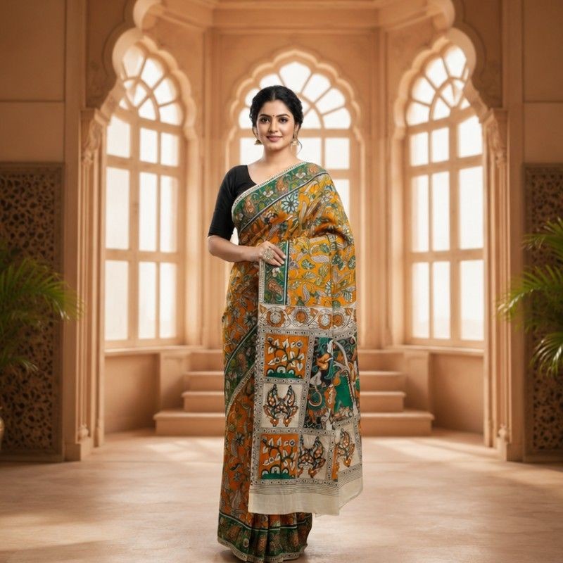 'Kalindi' Orange with Green & Floral creepers design cotton Kalamkari Saree