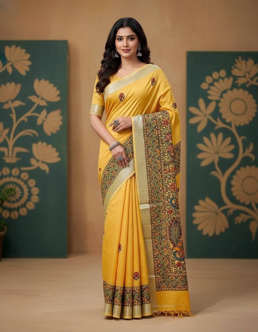 'Kanak Mayuri' Hand painted Madhubani Blend Saree