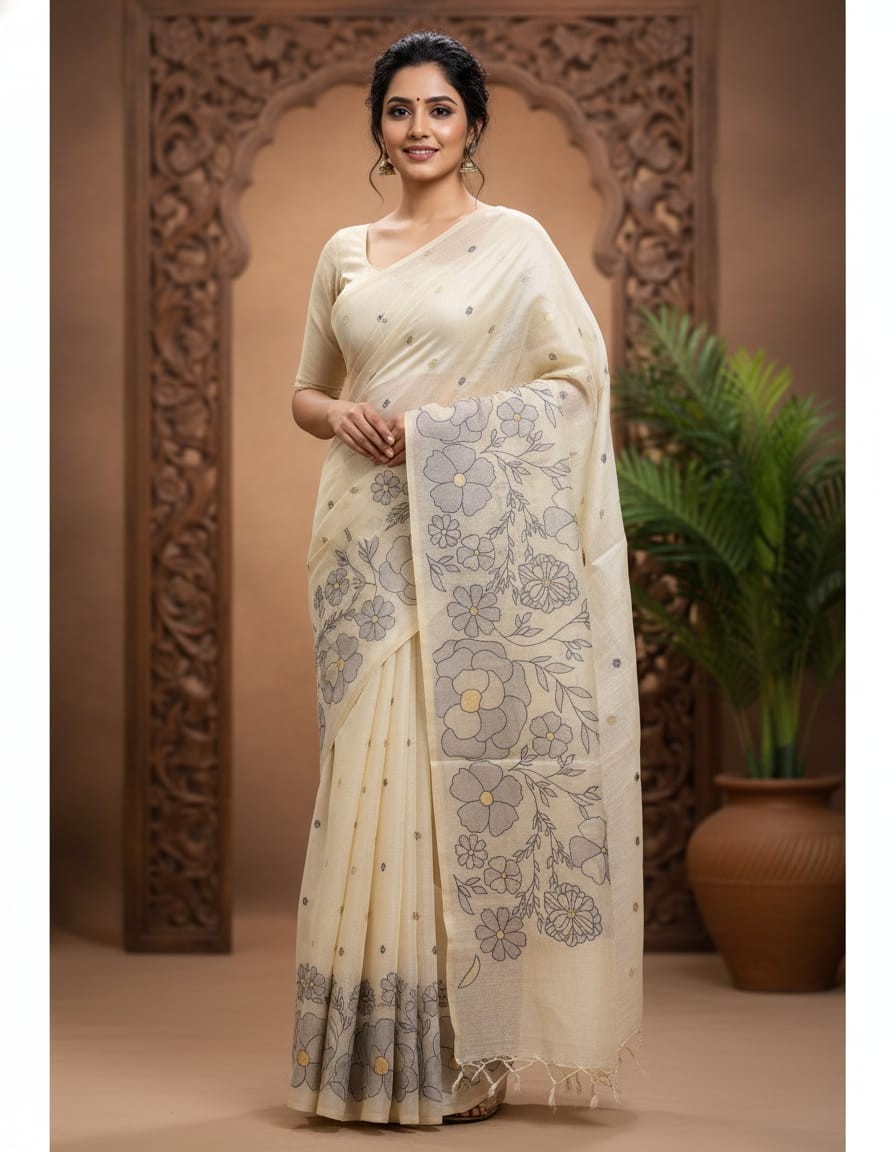Royal Blue Floral Mist Jamdani Saree