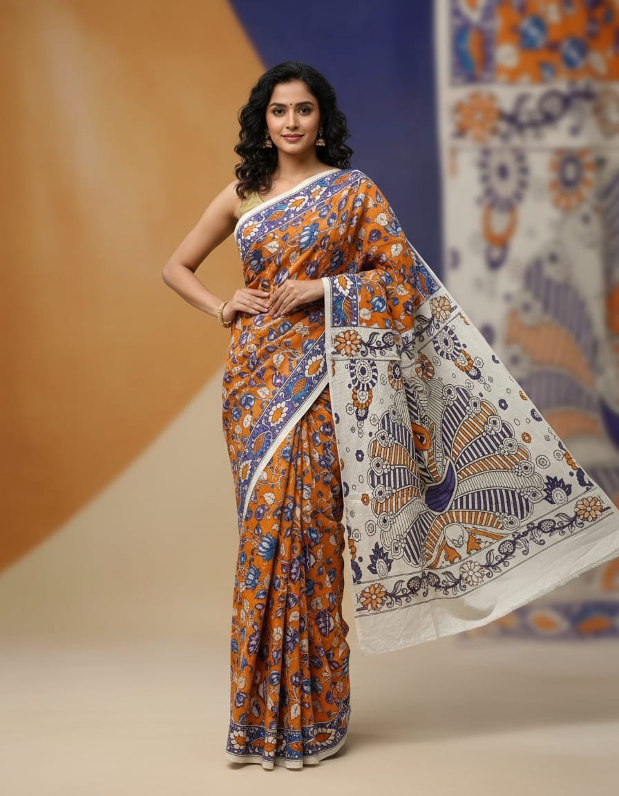'Padmini' Orange canvas with Lotus motifs cotton Kalamkari Saree