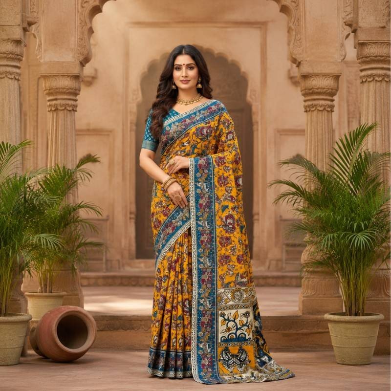 'Rajvihar' Yellow canvas with Animal motifs  Nellore Silk Kalamkari Saree