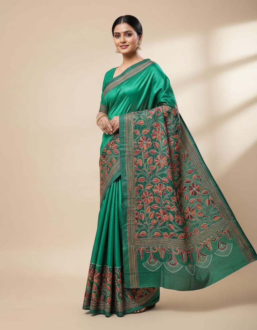 Bangalore Silk Kantha Saree - Bottle Green