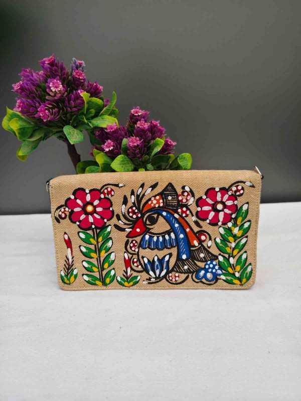 Handpainted Madhubani Jute Kaross Bag - Bird Design