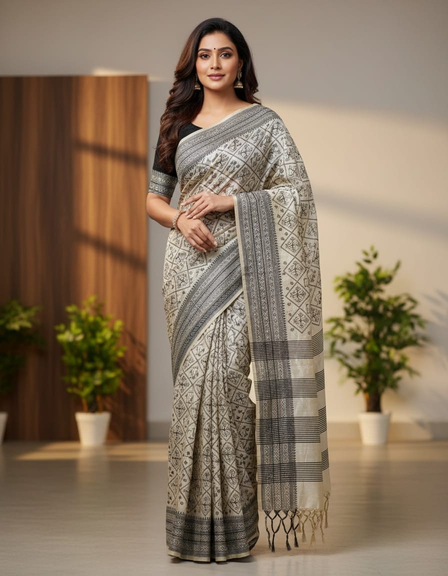 Black Thread Work Tussar Silk Saree - Bird Motifs