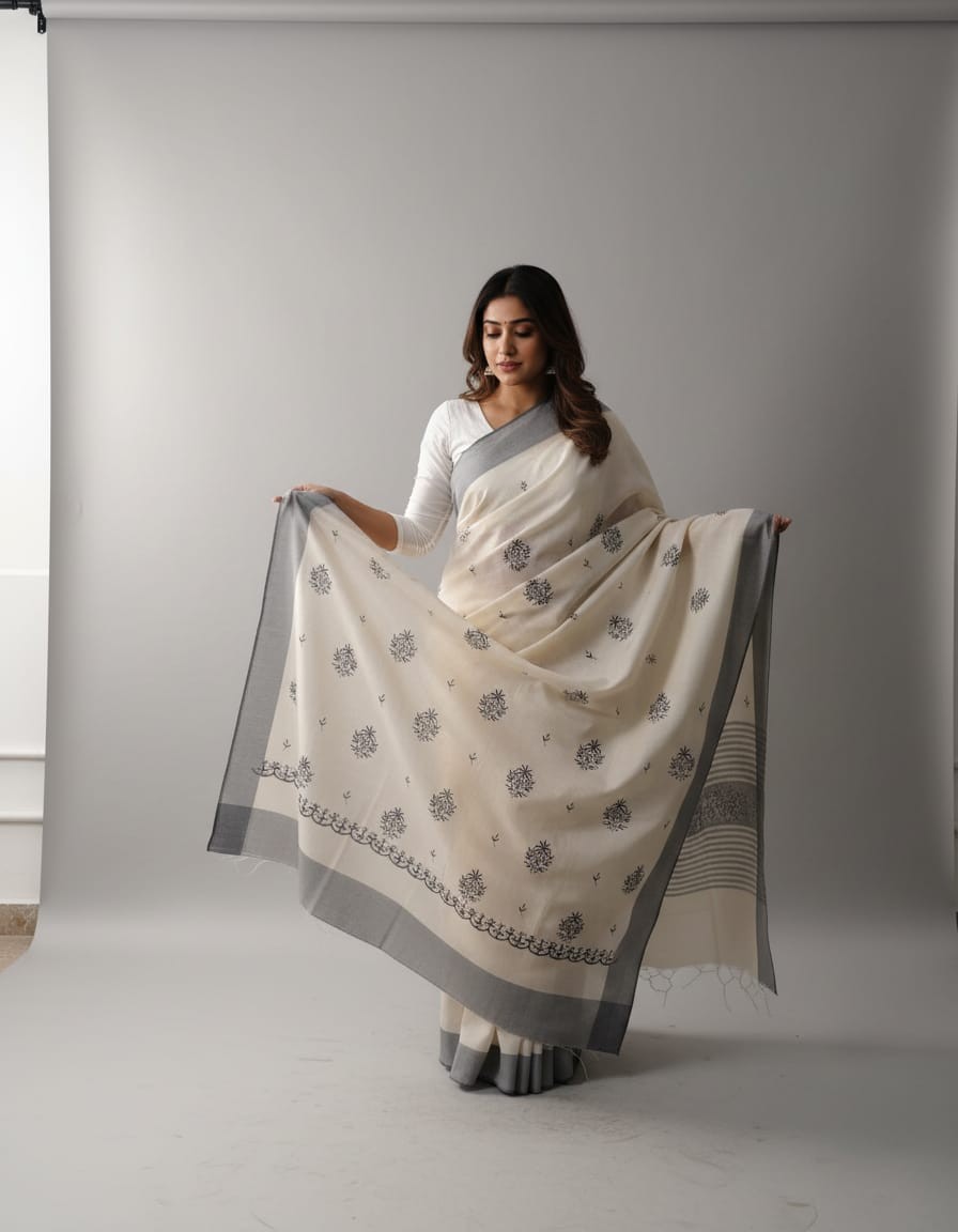 Hand stitched Matka Silk With Grey Border - Floral Design