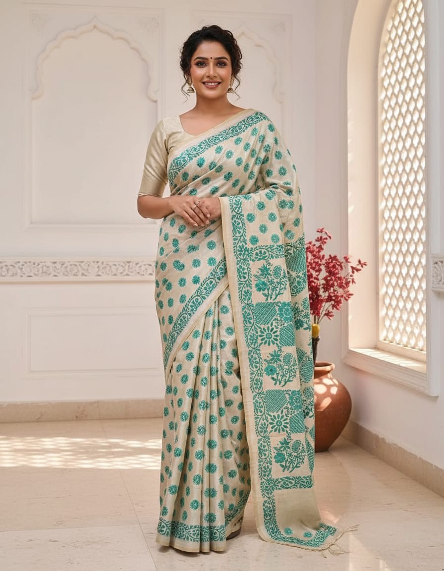 Hand Stitched Kadhwa Kantha Saree- Green