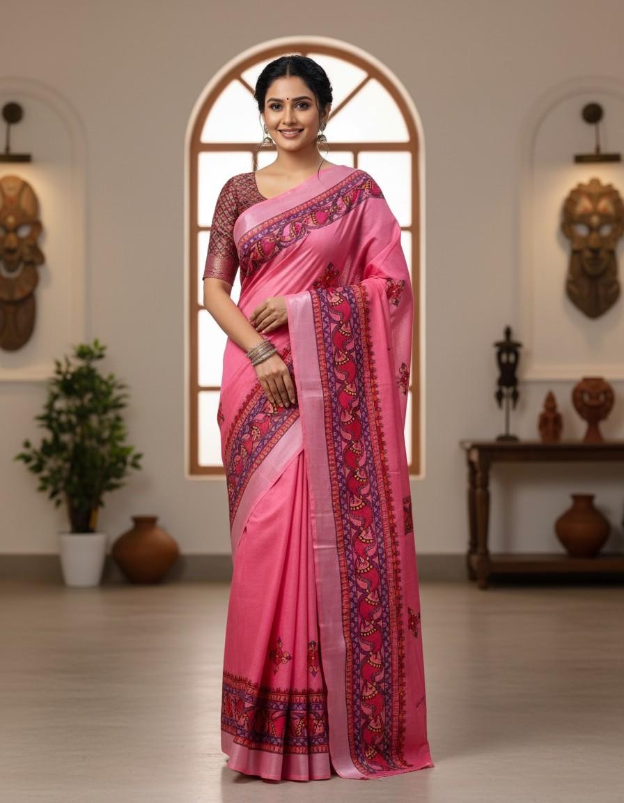 'Gulabi noor' Pink Hand Painted Madhubani Blend Saree