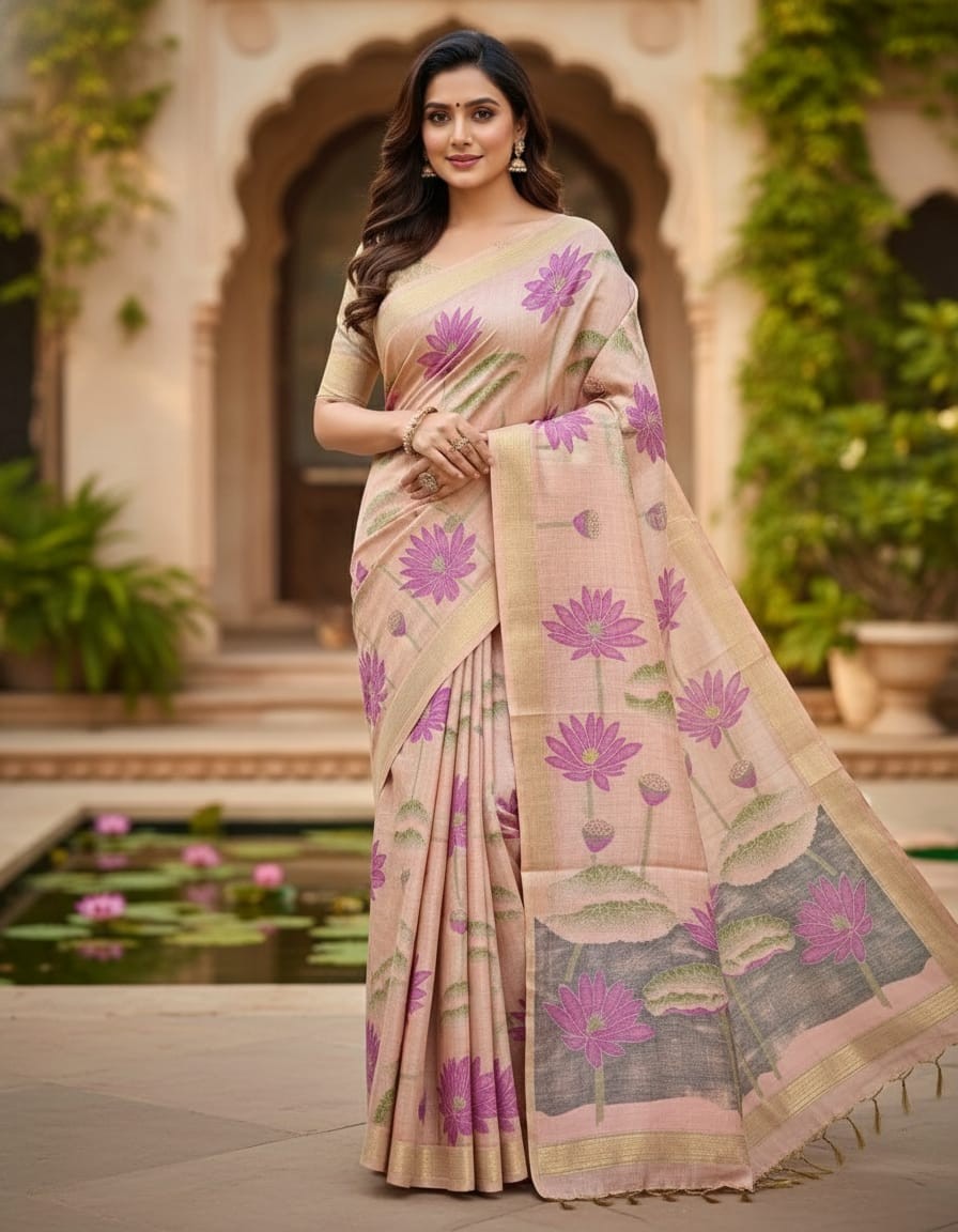 Floral Art Jamdani Saree - Light peach with Pink Lotus Motifs