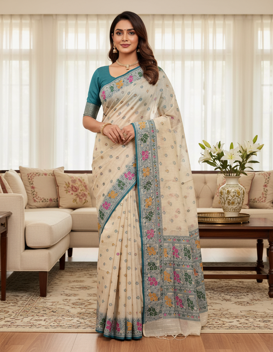 Floral Art Muga Jamdani Saree - Light Beige  with Floral Design
