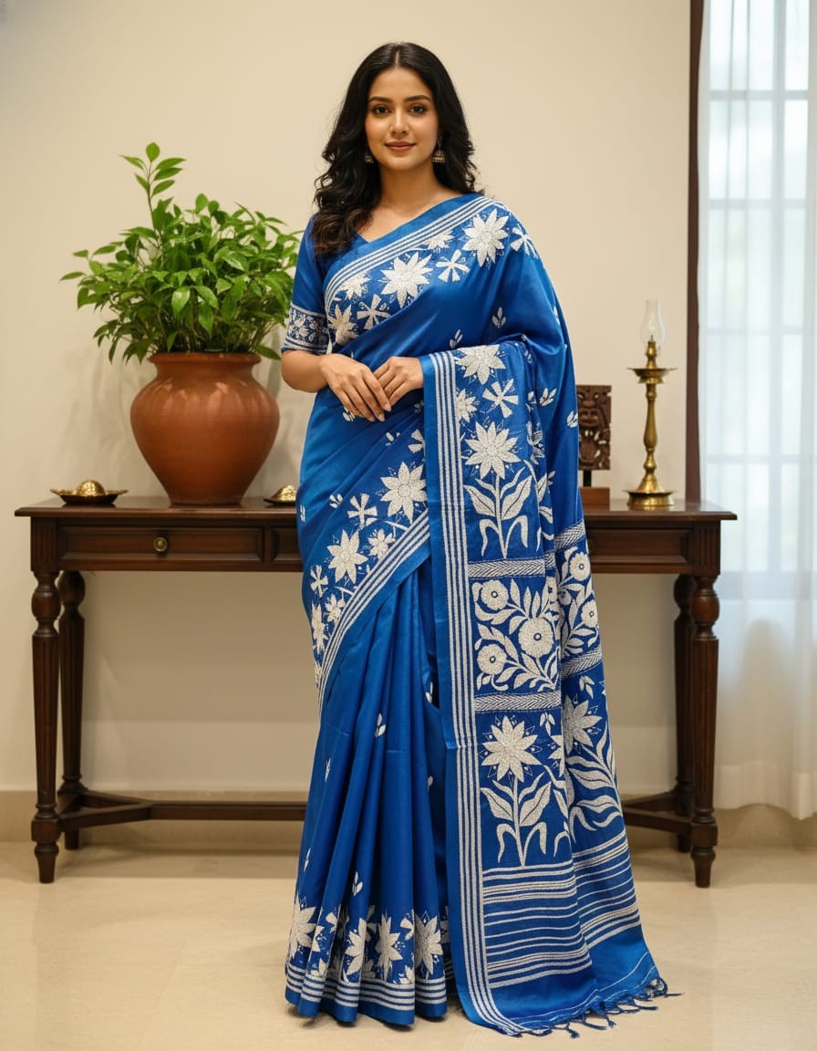 White Flora Bangalore Silk Kantha Saree