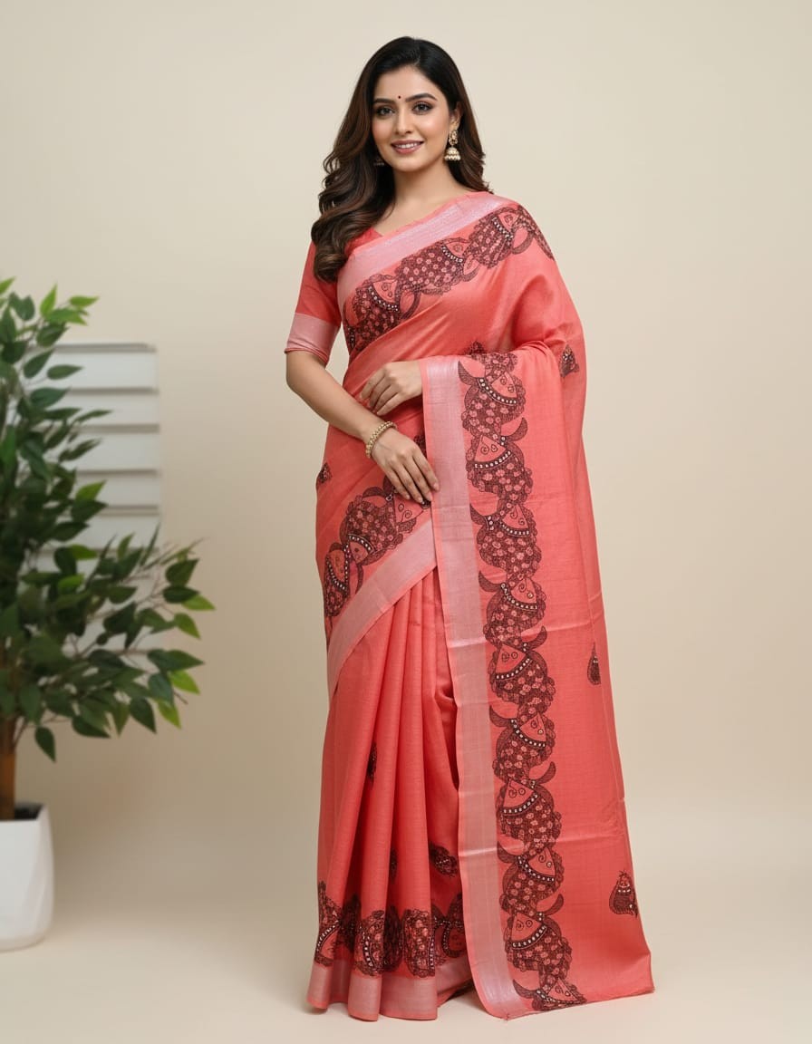 'Matsyakala' Peach Color Hand painted Madhubani Blend Saree