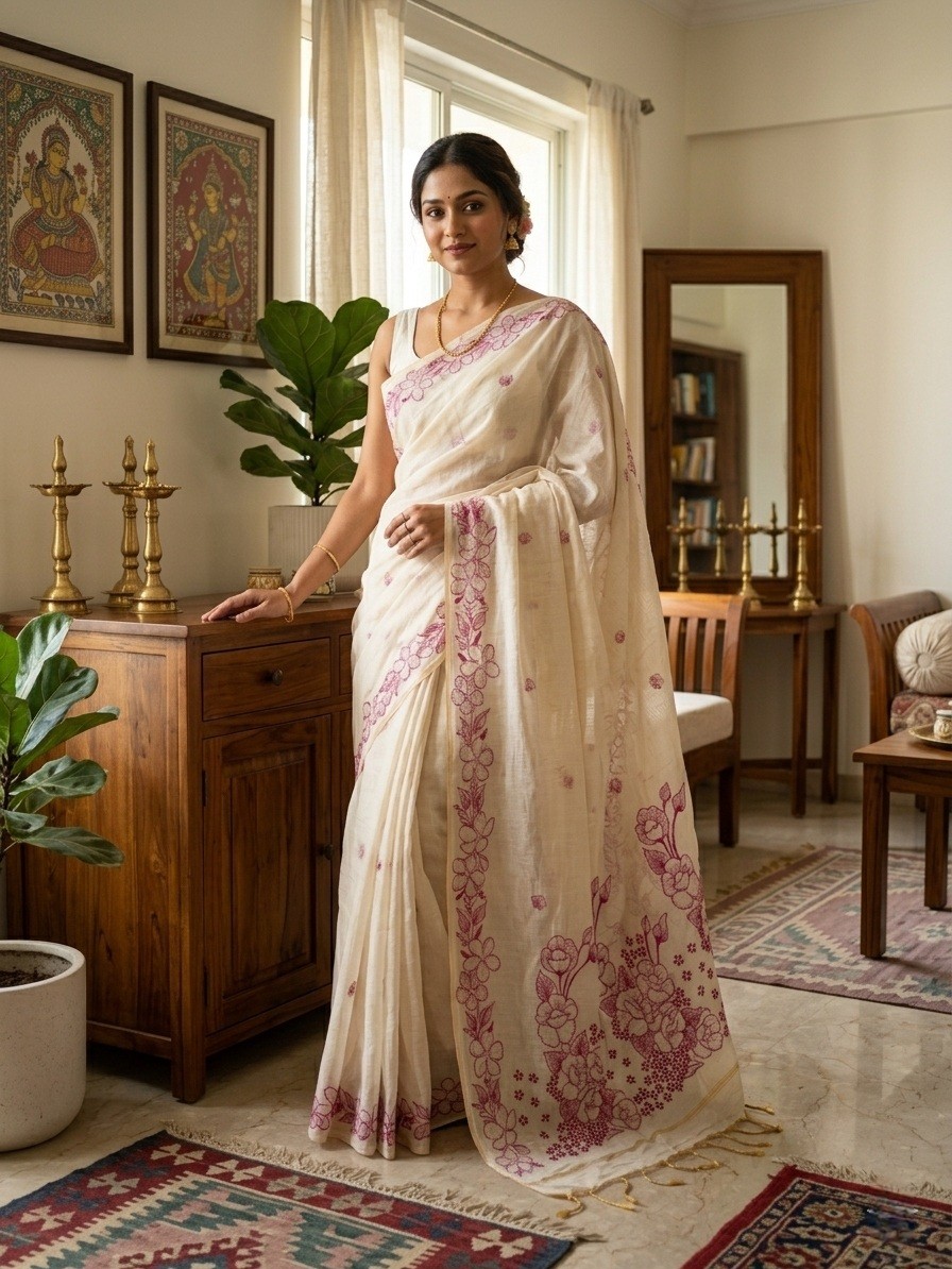 The Gulabi Bela muga Jamdani Saree