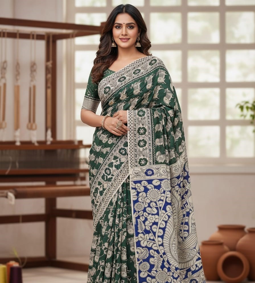 Green Canvas cotton kalamkari saree