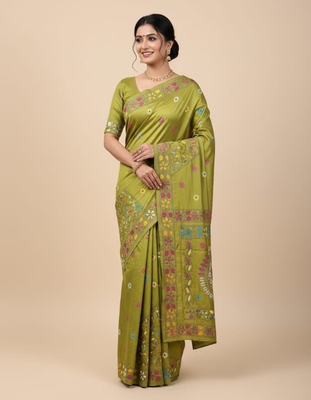 Bangalore Silk Blend Kantha Saree- Olive Green