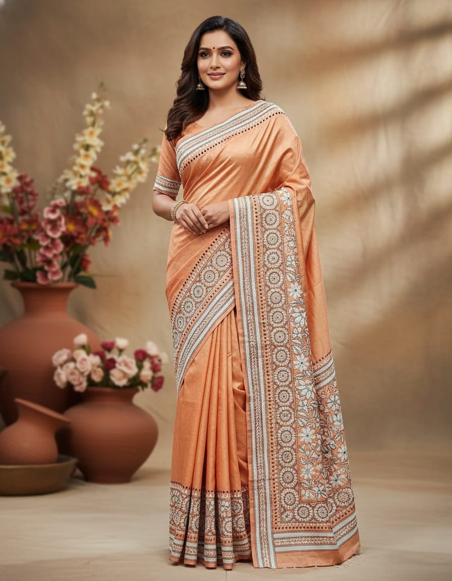 Bangalore Silk Kantha Saree - Peach