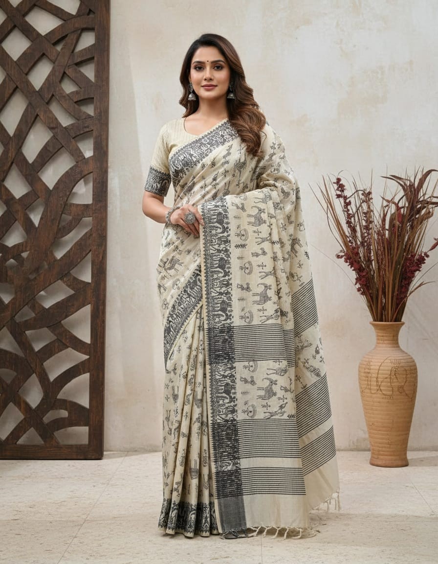 Black Thread Work Tussar Silk Saree- Elephant Motifs