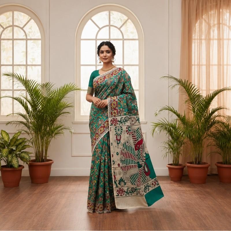 'Nrityangana' Bottle Green canvas cotton Kalamkari Saree