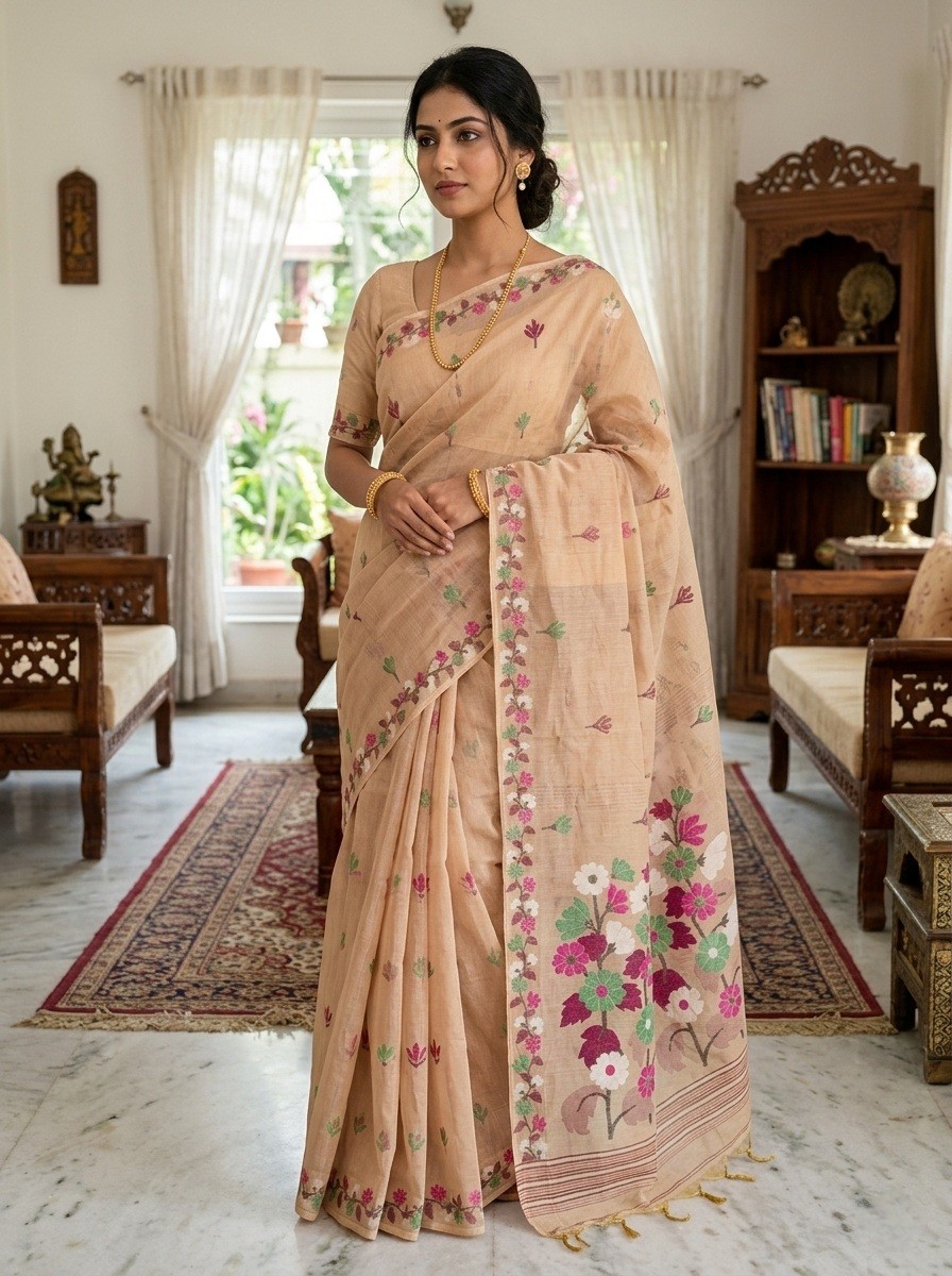 Floral Weave Muga Jamdani Saree - Cream
