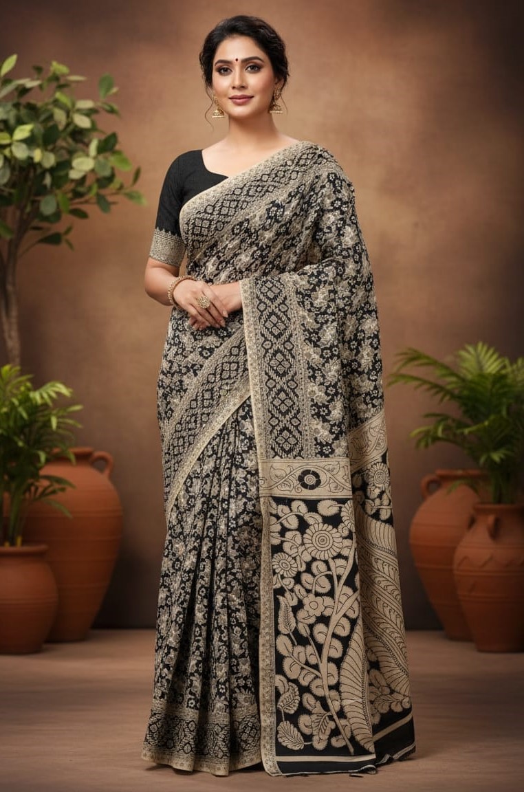 'Tamravallika' off White canvas with Black design cotton Kalamkari Saree