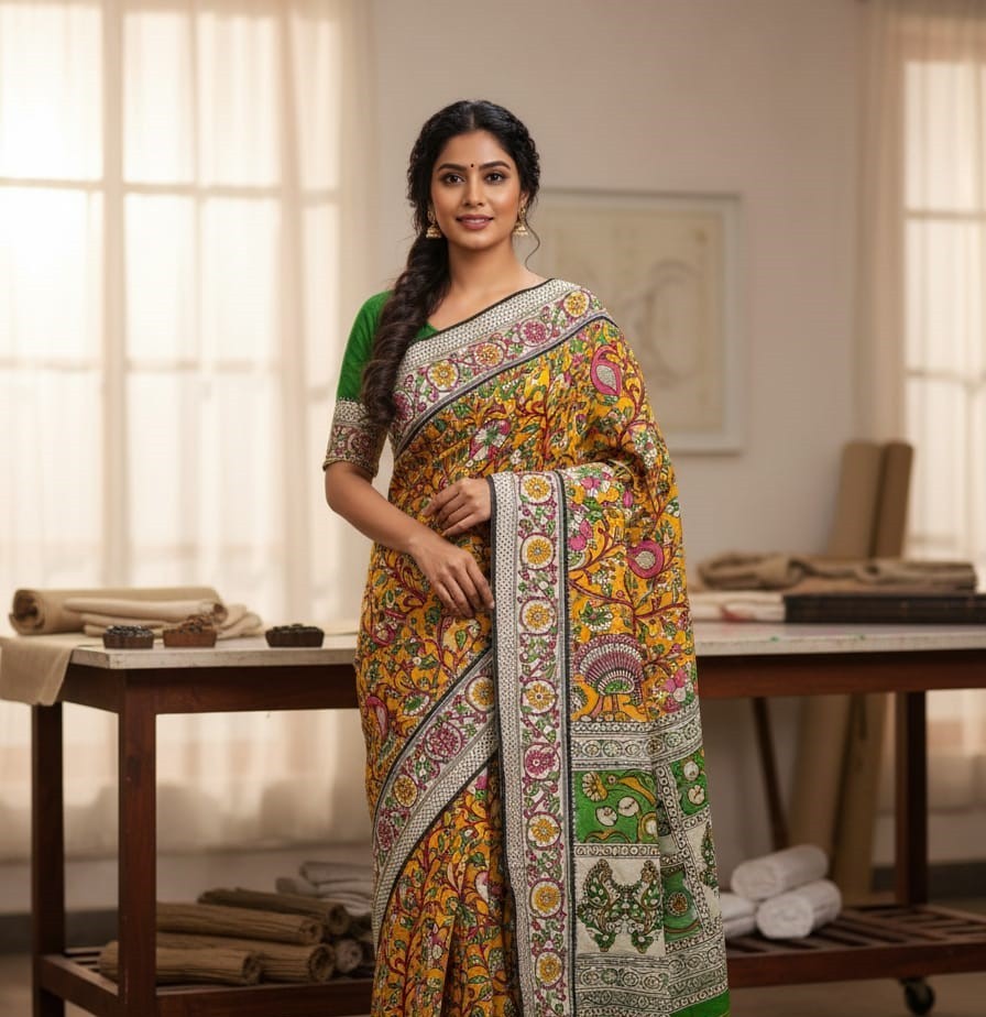 'Pakṣhiratna' Yellow canvas with Bird motifs cotton Kalamkari Saree