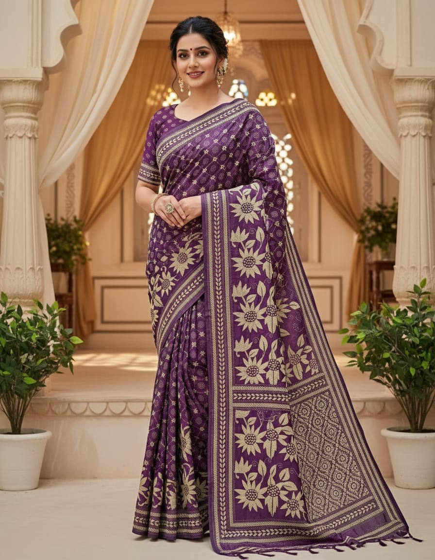Bangalore Silk Kantha Saree - Purple