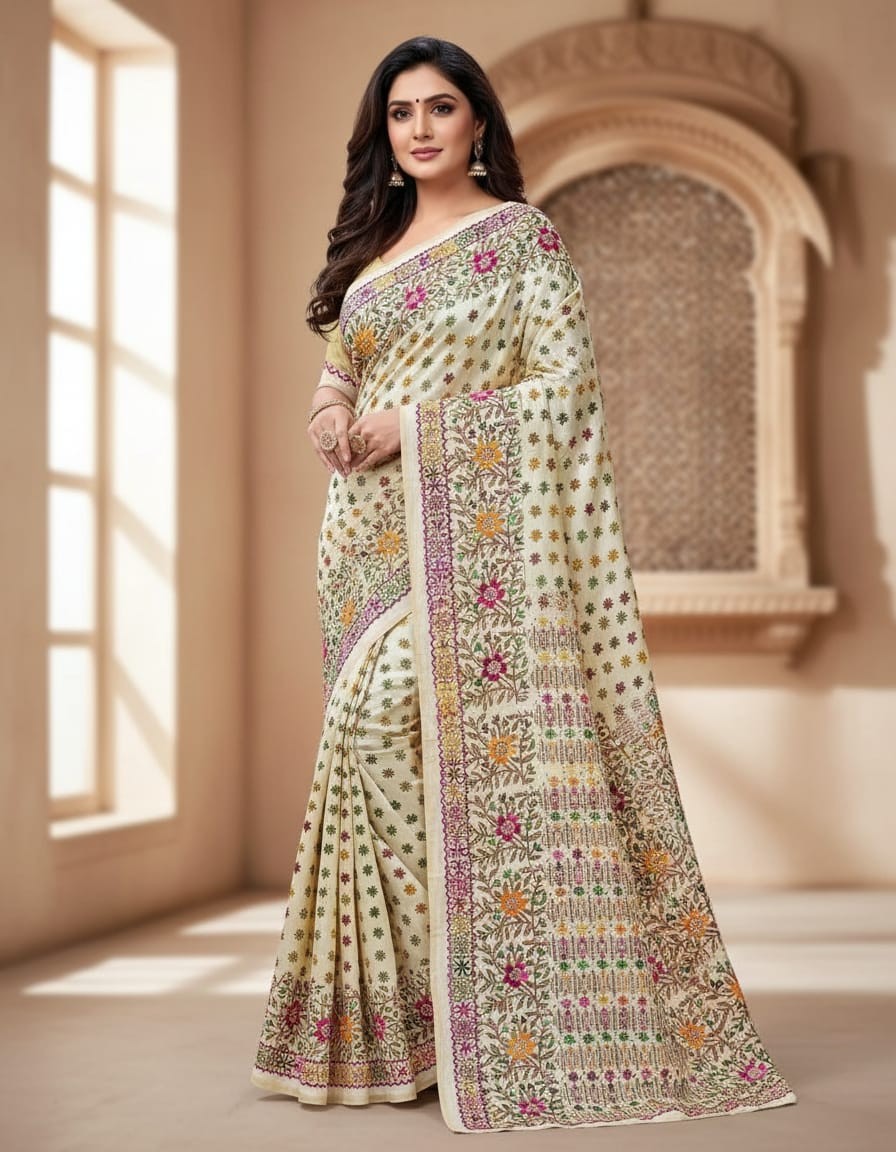 Hand Stitched Kadhwa Kantha Saree - Mixed Colour
