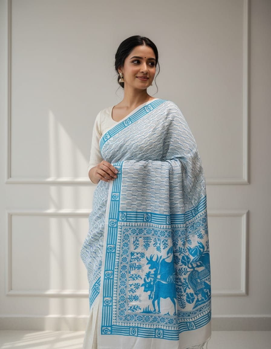 Bangalore Silk Kantha Saree - White base Blue stitch