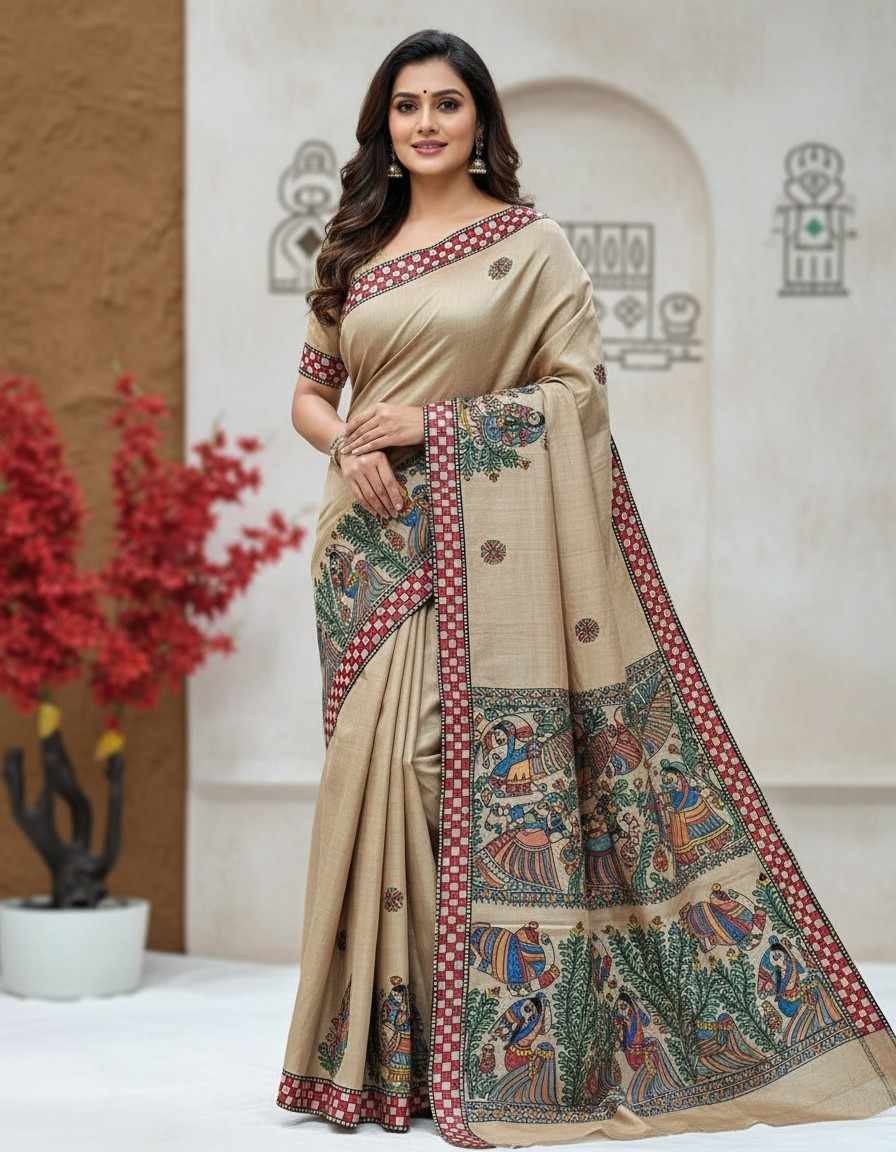 'SARASWATI' Hand painted Madhubani Pure Tussar Silk Saree