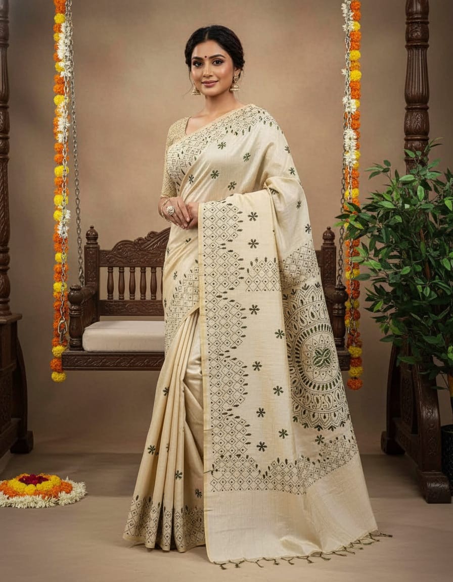 Hand Stitched Fragmented Kadhwa Kantha Saree- Green
