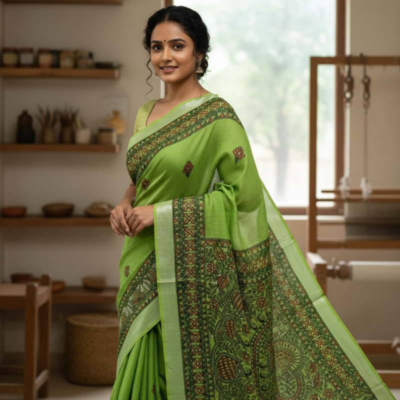 'MadhuNritya' Forest Green Hand Painted Madhubani Blend Saree