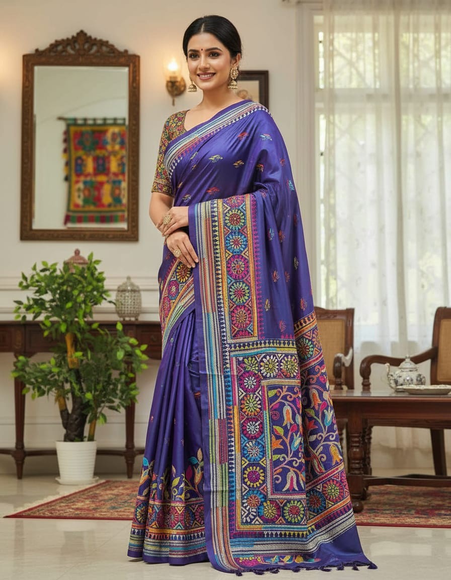 Bangalore Silk Kantha Saree - Shiny Violet