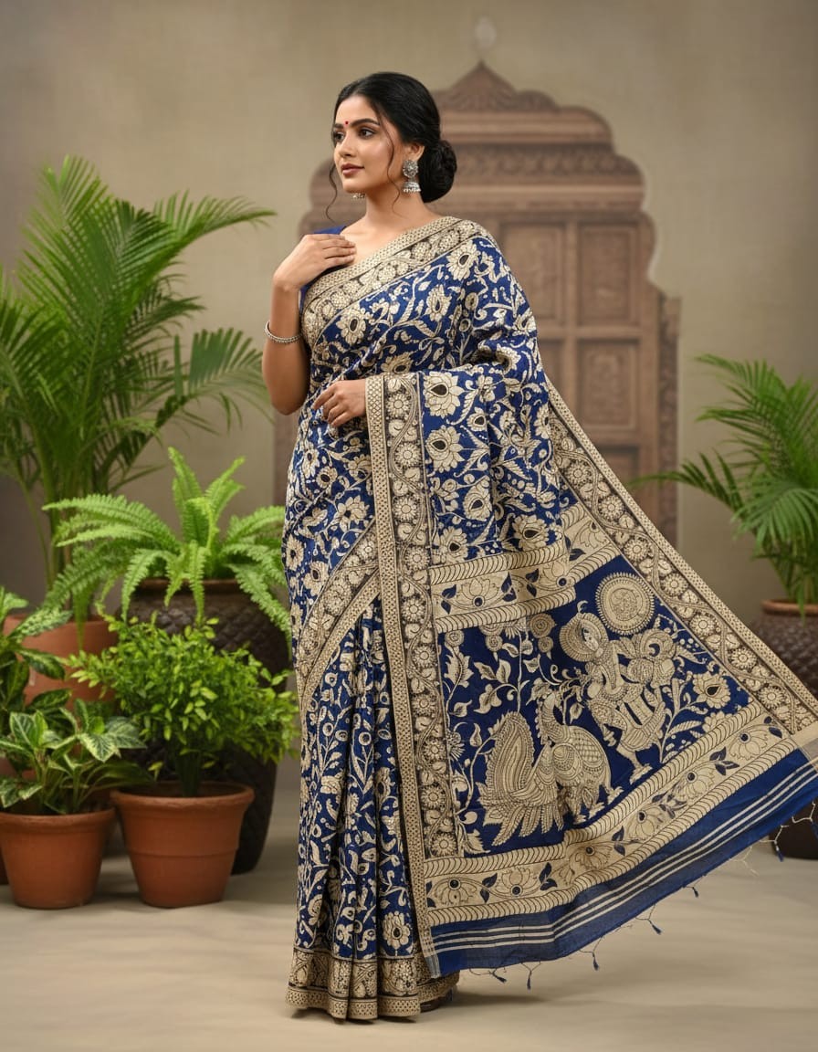 'Yavantika' Navy Blue canvas cotton Kalamkari Saree