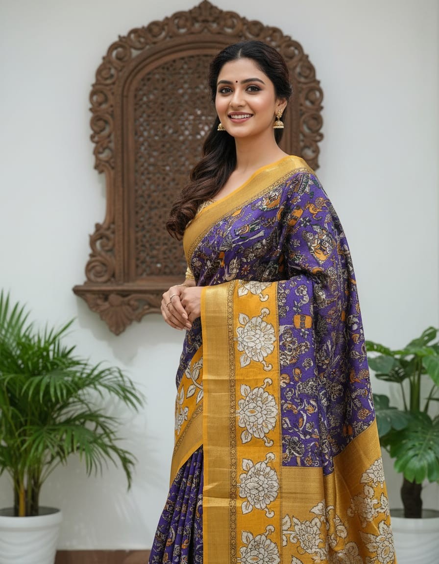 'Narikatika' Purple canvas with Trees and Human motifs  cotton Kalamkari Saree
