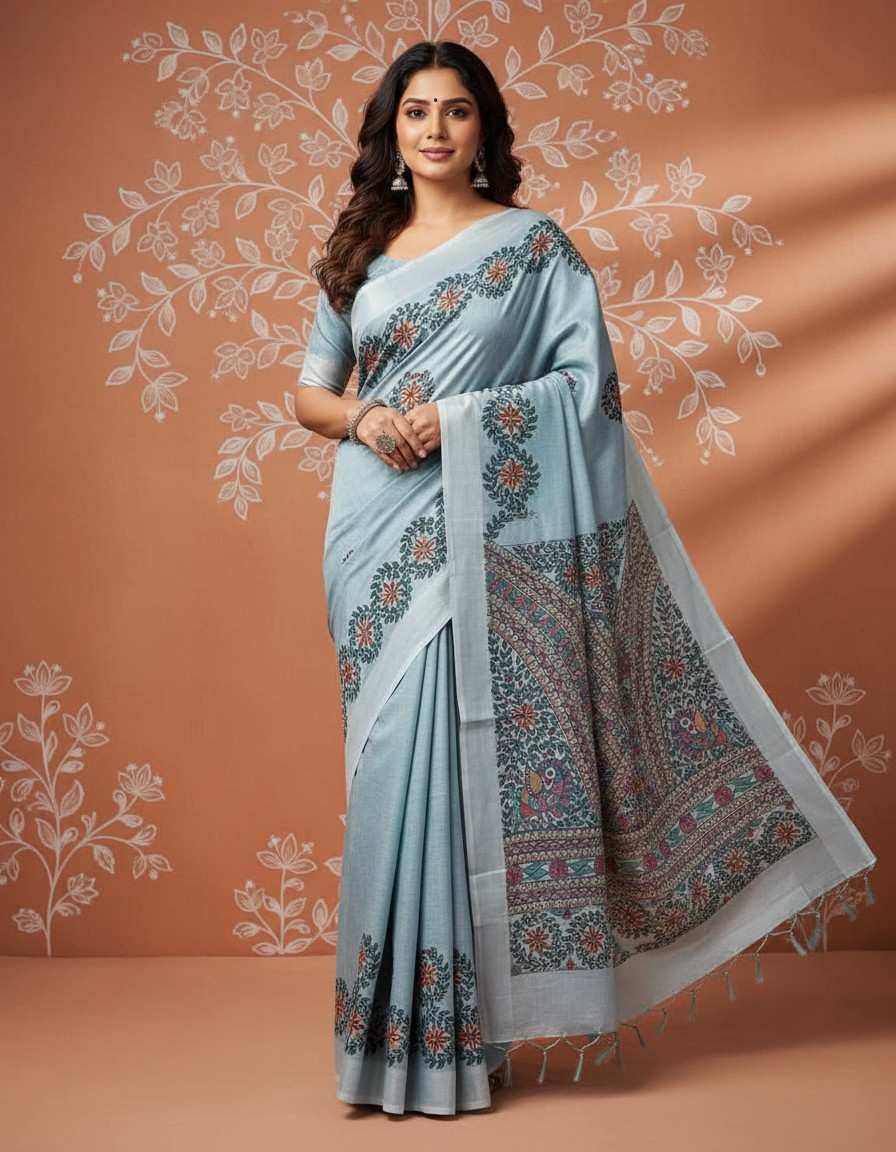 Floral Motifs Greyish Blue Hand painted Madhubani Blend Saree