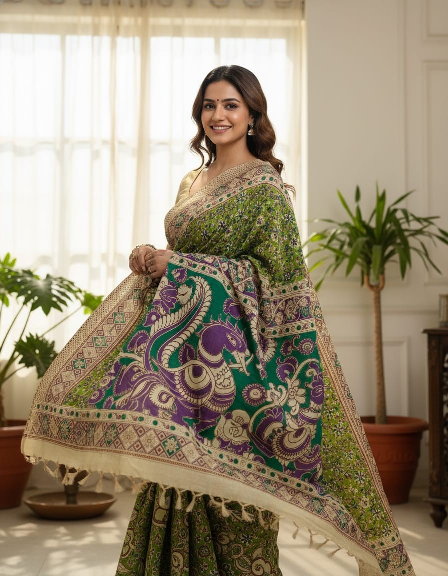 'Sugandhika' Light Green canvas cotton Kalamkari Saree