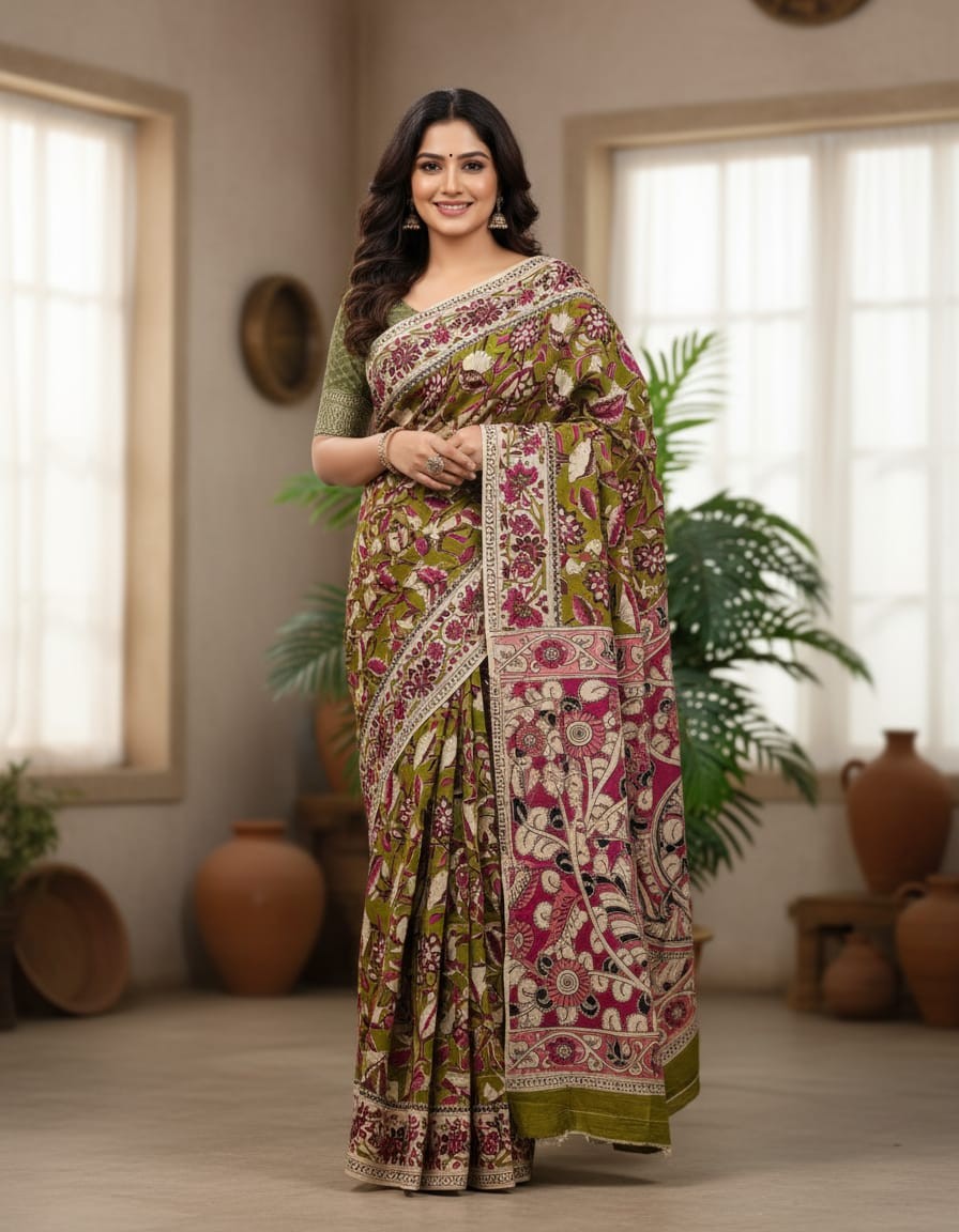 'Kamalamala' Olive Green canvas cotton Kalamkari Saree