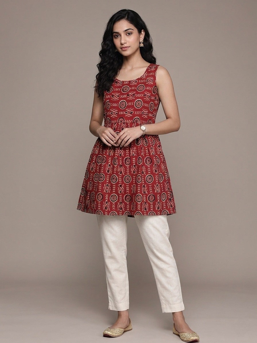 Round Neck Line Ladies Short Kurti